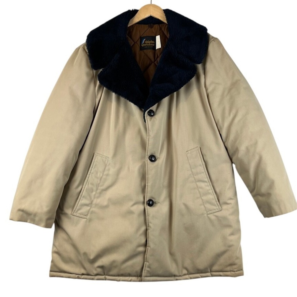 VTG Shipton Sportswear Barn Coat Faux Fur Collar Bore Jacket Tan Mens Size 46